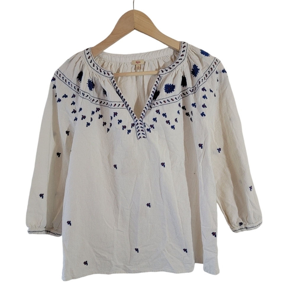 Reba Off-White Blue Embroidered Boho Top Sz S Ballon Sleeve Minimalist Peasant